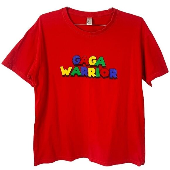 GAGA  WARRIOR MARIO BROS STYLE MULTICOLOUR LETTER RED GRAPHIC T-SHIRT SIZE LARGE - Picture 7 of 7